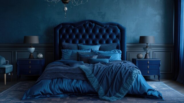The image showcases a sophisticated bedroom dominated by dark blue hues, featuring a large bed with an ornate tufted headboard and plush blue bedding. Matching bedside tables with elegant table lamps 