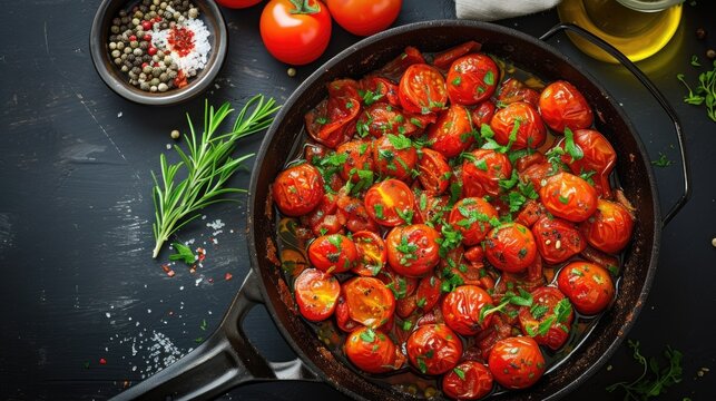 The image displays a cast iron skillet on a dark surface filled with succulent roasted cherry tomatoes, their skins blistered and slightly charred, suggesting a delicious caramelization. The tomatoes 