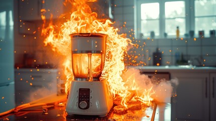 The image shows a domestic kitchen scene where a standard white blender placed on a countertop is ablaze with bright, intense flames shooting out from the top and around the base, suggesting a severe 