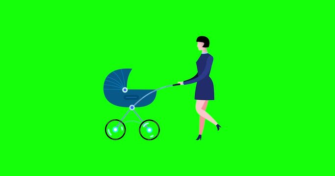 Cartoon woman with blue navy baby buggy isolated green screen. Baby boom. Handsome cute mother. Business people animated version. Businesswoman cartoon animations serie.
