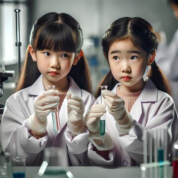 two asian children pretend to be scientis