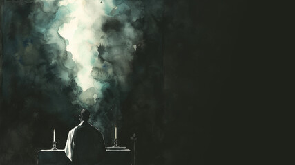 Painting of a priest in mass isolated on black background
