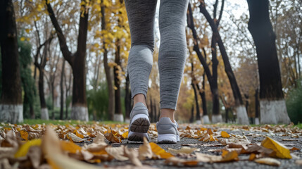 A woman runs in the park through autumn leaves.