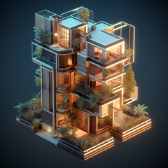 Photo of an isometric cutout image of a tall future apartment. Retrofuturism. Cutout from an isometric building showing the interior of an apartment. 3D