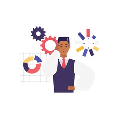 Office worker brainstorming on startup dashboard with pie chart and gears vector illustration