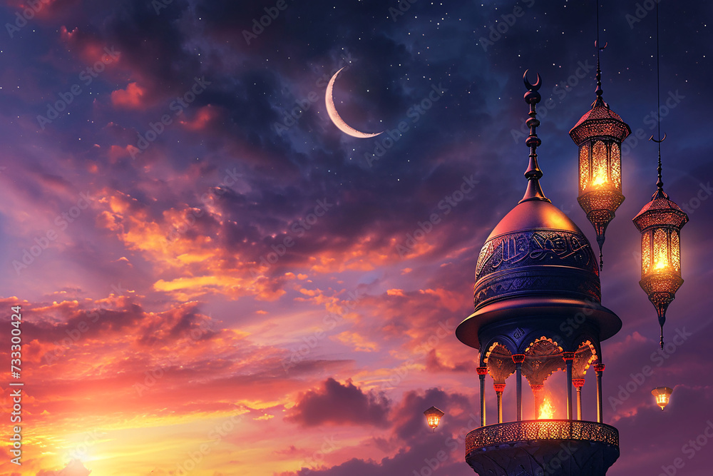 Wall mural ramadan Kareem, Ramadan crescent moon, Eid Mubarak Islamic festival social media banner and Eid Mubarak Post Template, islam	