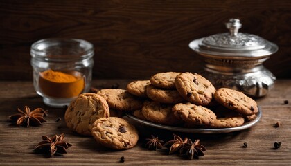 A plate of cookies with star anise on a wooden table - Powered by Adobe
