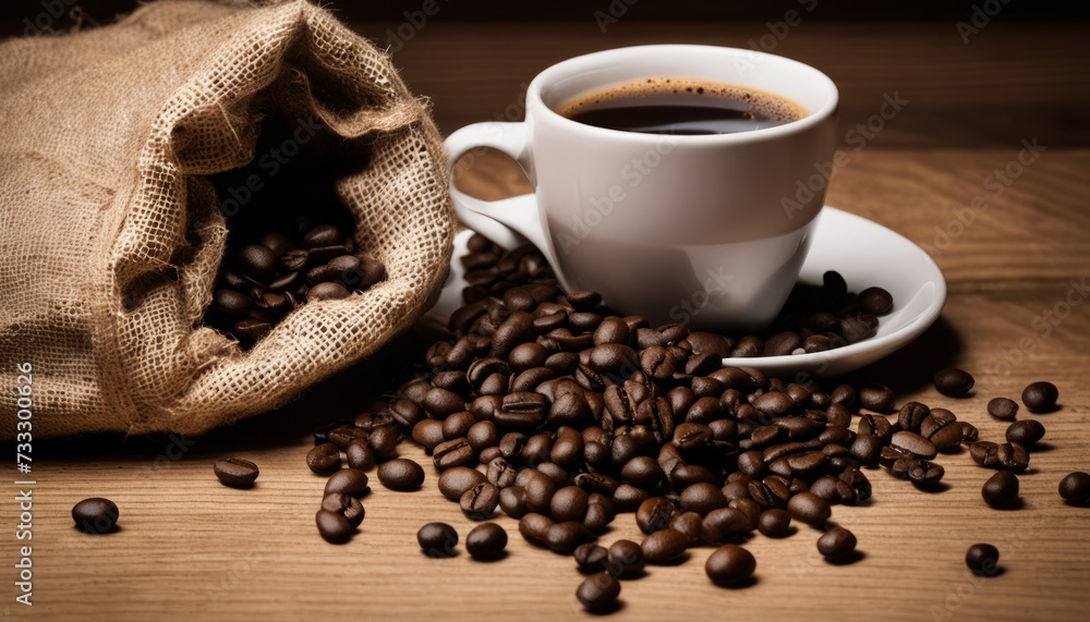 Sticker A cup of coffee sits on a table with a bag of coffee beans