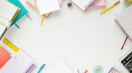 Top-down view of an organized desk featuring school supplies, promoting mental well-being and efficient study habits, Study learning space with educational tools, a calm educational environment