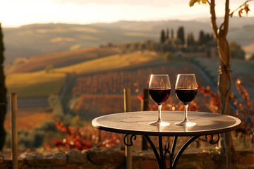 Two glasses of red wine on a table outdoors, with Tuscan landscape in the background