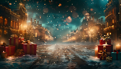 a christmas landscape with presents on it in - obrazy, fototapety, plakaty