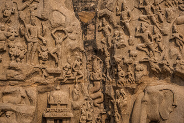 Exclusive Monolithic Rock Carved- Arjuna penance is UNESCO's World Heritage Site located at Mamallapuram or Mahabalipuram in Tamil Nadu, Great South India.