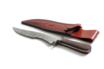 vintage chef damascus steel knife over white, clipping path
