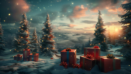 a christmas landscape with presents on it in - obrazy, fototapety, plakaty