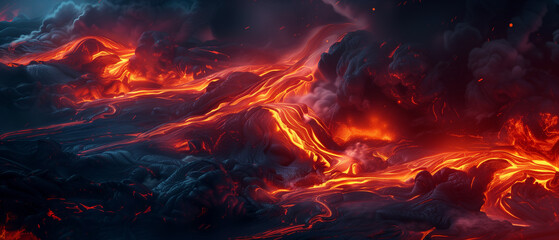 Fototapeta na wymiar flow of molten lava, glowing red and orange, moving across a dark landscape