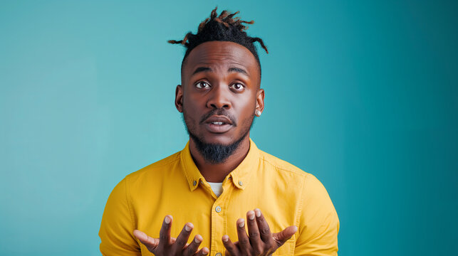 Young African American man in yellow shirt looking surprised and holding his hands