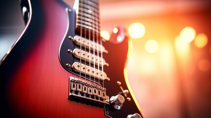 A detailed close-up of a electric guitar's body and strings, highlighted by stage lighting.
