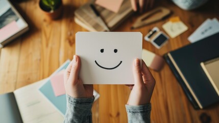Top-down view of hands holding smiling face on paper, mental health and wellness, promoting focus and positivity in education, Workspace setup for learning and creativity