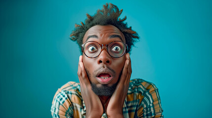 Shocked man surprised with hands up and open mouth on blue background.