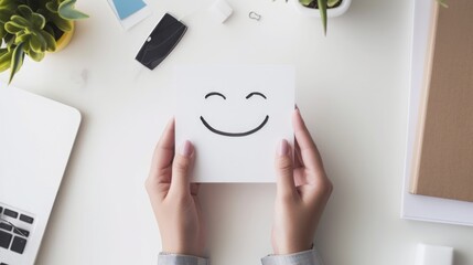 Top-down view of hands holding smiling face on paper, mental health and wellness, promoting focus and positivity in education, Workspace setup for learning and creativity