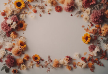 Autumn composition made of beautiful flowers on light backdrop Floristic decoration Natural floral frame with blank copy space