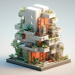 Photo of an isometric cutout image of a tall future apartment. Retrofuturism. Cutout from an isometric building showing the interior of an apartment. 3D