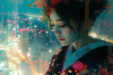 Blend elements of traditional Japanese art with futuristic technology in a captivating visual