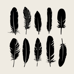 Feather black silhouette. Hand sketching feather icons and vector illustration
