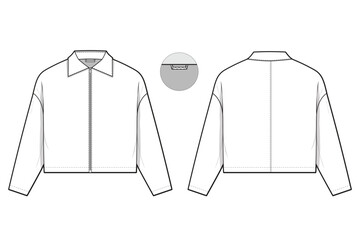 cropped zip work jacket collared flat technical drawing illustration mock-up template for design and tech packs men or unisex fashion CAD streetwear women workwear utility