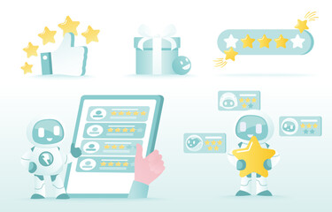 Artificial Intelligence (AI) technology and customer satisfaction collection set. Feedback and review from customers, star rating, online content, positive and negative thinking. Vector illustration.