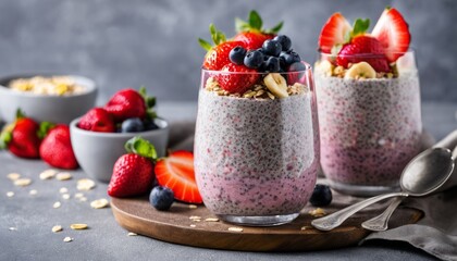 Three glasses of yogurt, strawberries, and blueberries