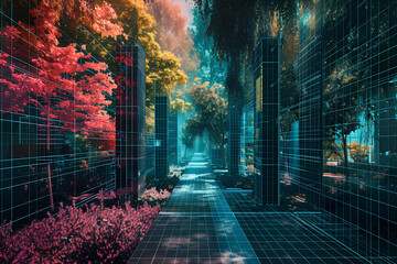  image that symbolizes the balance between technology and tranquility, perhaps through a digital garden