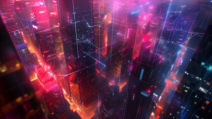 Fototapeta na wymiar bird's-eye view of a city at night, with holographic data streams crisscrossing the sky, symbolizing global media connections powered by generative AI.