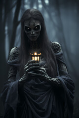 Fototapeta na wymiar Zombie skeleton woman wearing dress holding candle at night in forest