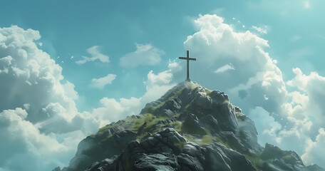 a cross on top of a mountain under clouds in - obrazy, fototapety, plakaty