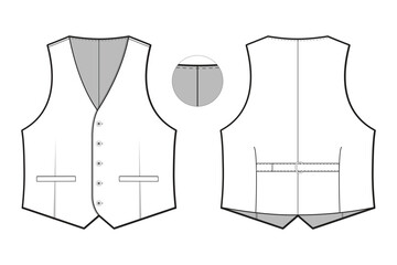 button waistcoat vest flat technical drawing illustration mock-up template for design and tech packs men or unisex fashion CAD streetwear women workwear utility