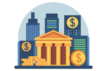 bank among tall buildings, business , investments or money investments, coins, big city