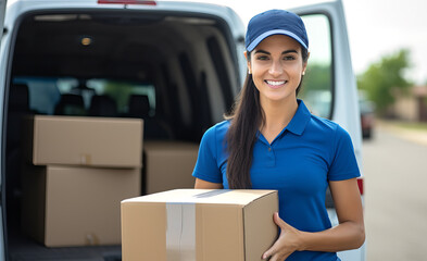 Portrait of a smiling delivery woman in a cap and uniform standing with a box in her hands near the trunk of a van