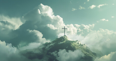 a cross on top of a mountain under clouds in - obrazy, fototapety, plakaty