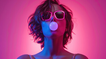 Playful funny woman in sunglasses blows up pink bubble gum on a pink background.