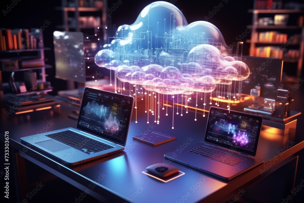 Aufkleber visual representation of a smart city with digital cloud computing infrastructure over a laptop.