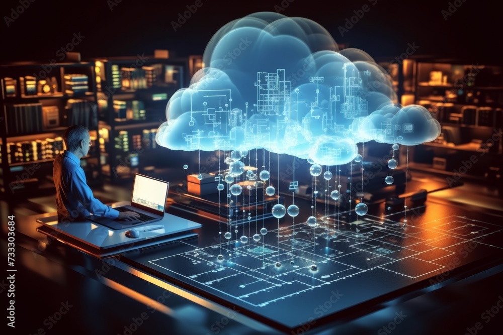 Aufkleber visual representation of a smart city with digital cloud computing infrastructure over a laptop.