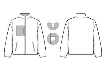 full zip fleece sherpa pile jacket flat technical drawing illustration mock-up template for design and tech packs men or unisex fashion CAD streetwear women workwear utility