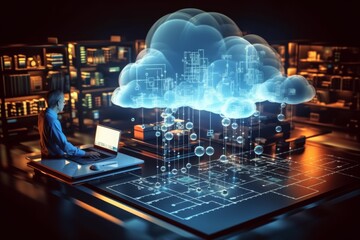 Visual representation of a smart city with digital cloud computing infrastructure over a laptop.