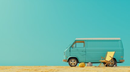 Small hippie blue minivan on the beach on a sunny summer day with a sunbathing chair. Summer holiday concept at sea or ocean - obrazy, fototapety, plakaty