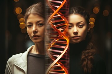 Twin sisters with a translucent DNA helix, symbolizing genetic similarities and differences. - obrazy, fototapety, plakaty