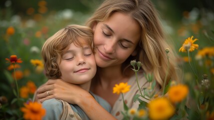 A Woman Hugging a Child in a Field of Flowers