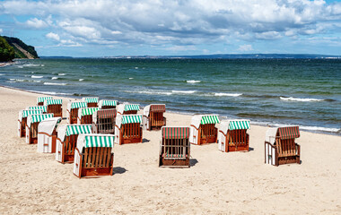 Beach chairs at the Baltic Sea . Pier of Sellin at Ruegen Island, Germany.