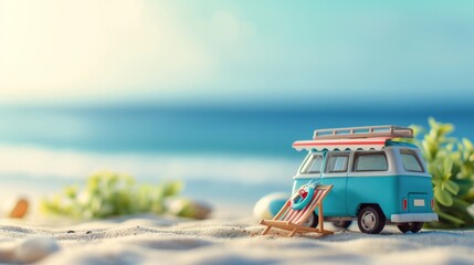 Small hippie blue minivan on the beach on a sunny summer day with a sunbathing chair. Summer holiday concept at sea or ocean - obrazy, fototapety, plakaty