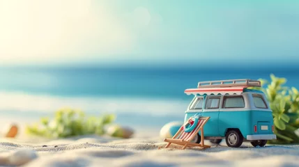 Fotobehang Small hippie blue minivan on the beach on a sunny summer day with a sunbathing chair. Summer holiday concept at sea or ocean © Sunny